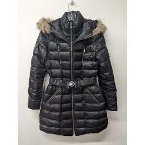 DAWN LEVY Women's Alicia Fur-trimmed Down Puffer Coat Belted Black Size Small